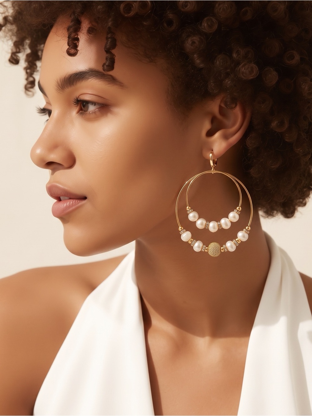 Gold Hoop Earrings with Fresh Water Pearls & Rhinestones.☑️